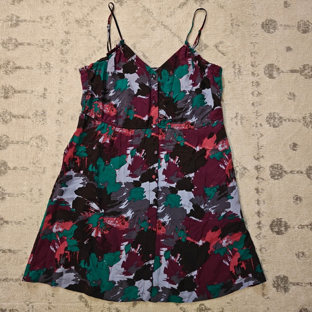 100% Silk Ecote Slip Dress Button Down Abstract Print Womens Med Spaghetti Strap